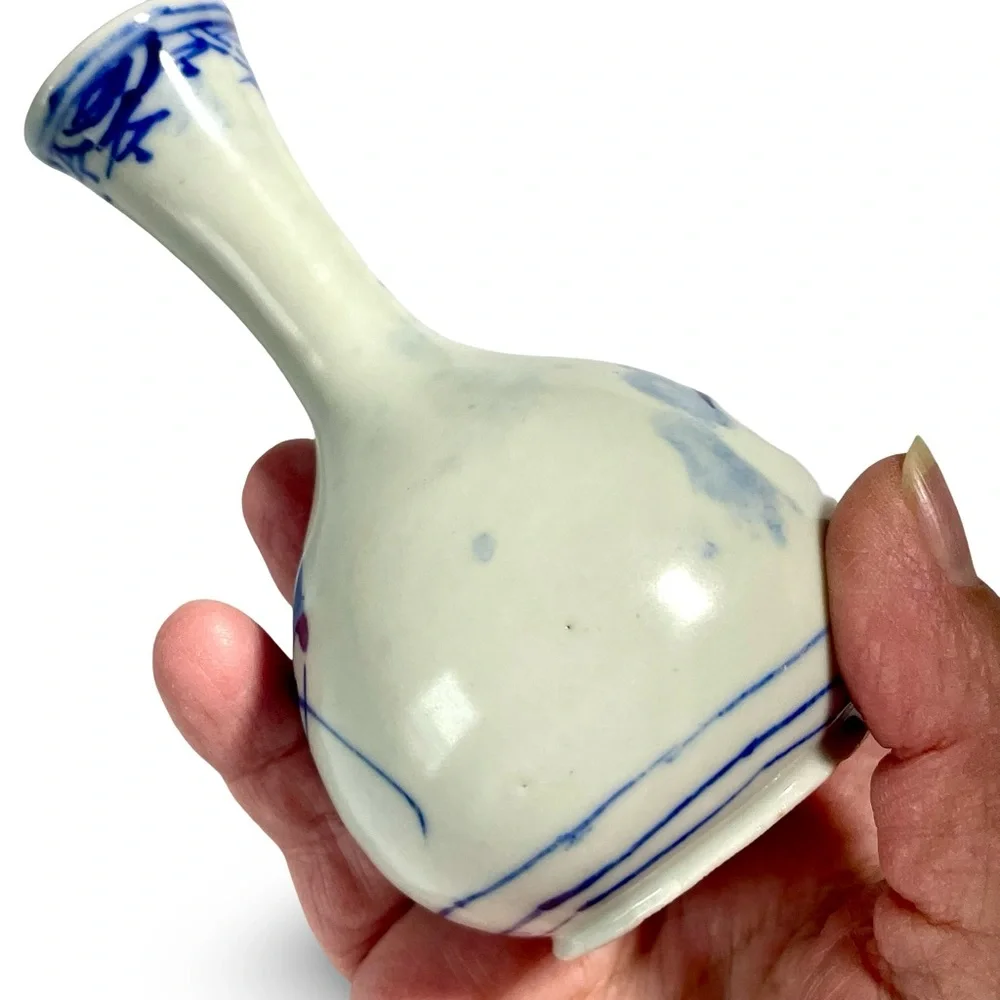 19th Century Chinese Blue and White Hand Painted Porcelain Bottle Bud Vase